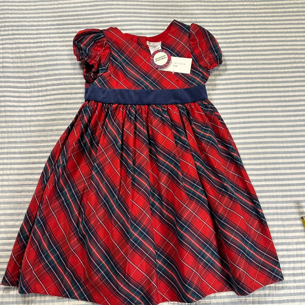 Max‎ Studio Kids Red Plaid Holiday Dress Navy Velvet Bow Christmas Girls Size 6